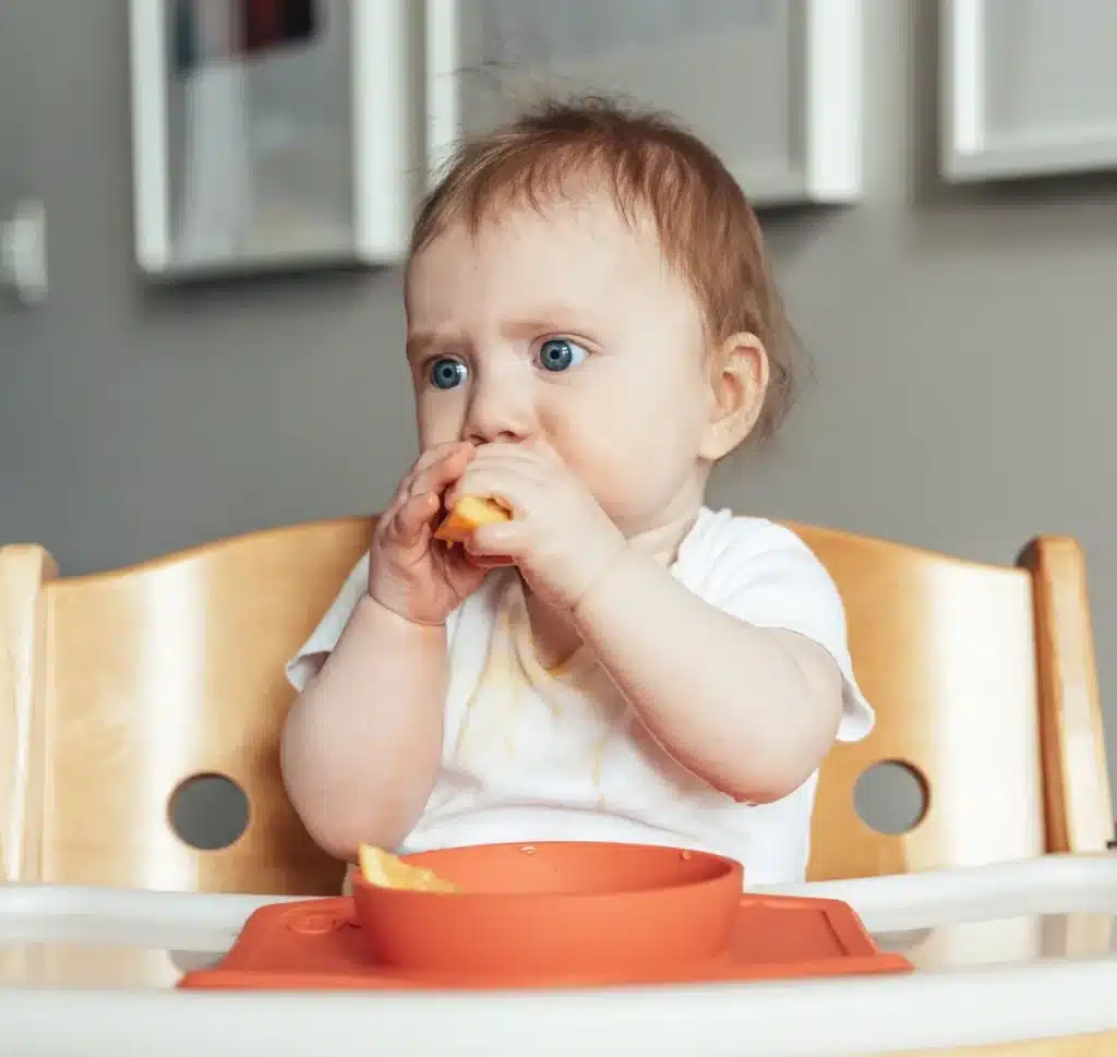Assiette avec petites portions d'aliments mous et adaptés pour jeune enfant en diversification