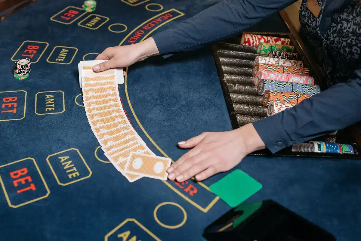 Croupier distribuant des cartes au blackjack en direct