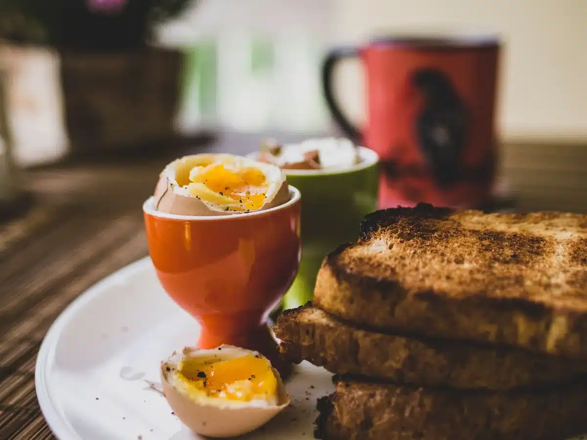 Petit-déjeuner équilibré avec œufs, toast complet et fruits frais