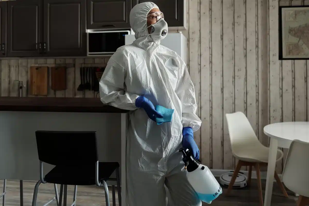 Personne nettoyant un grenier avec masque, gants et ventilation adéquate pour éviter la transmission du hantavirus