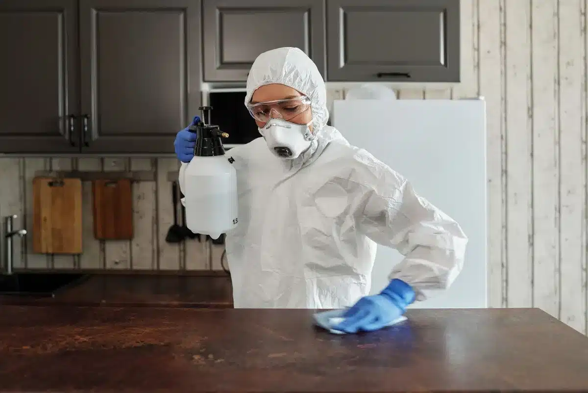 Personne portant des gants et un masque nettoyant une surface poussiéreuse dans un grenier