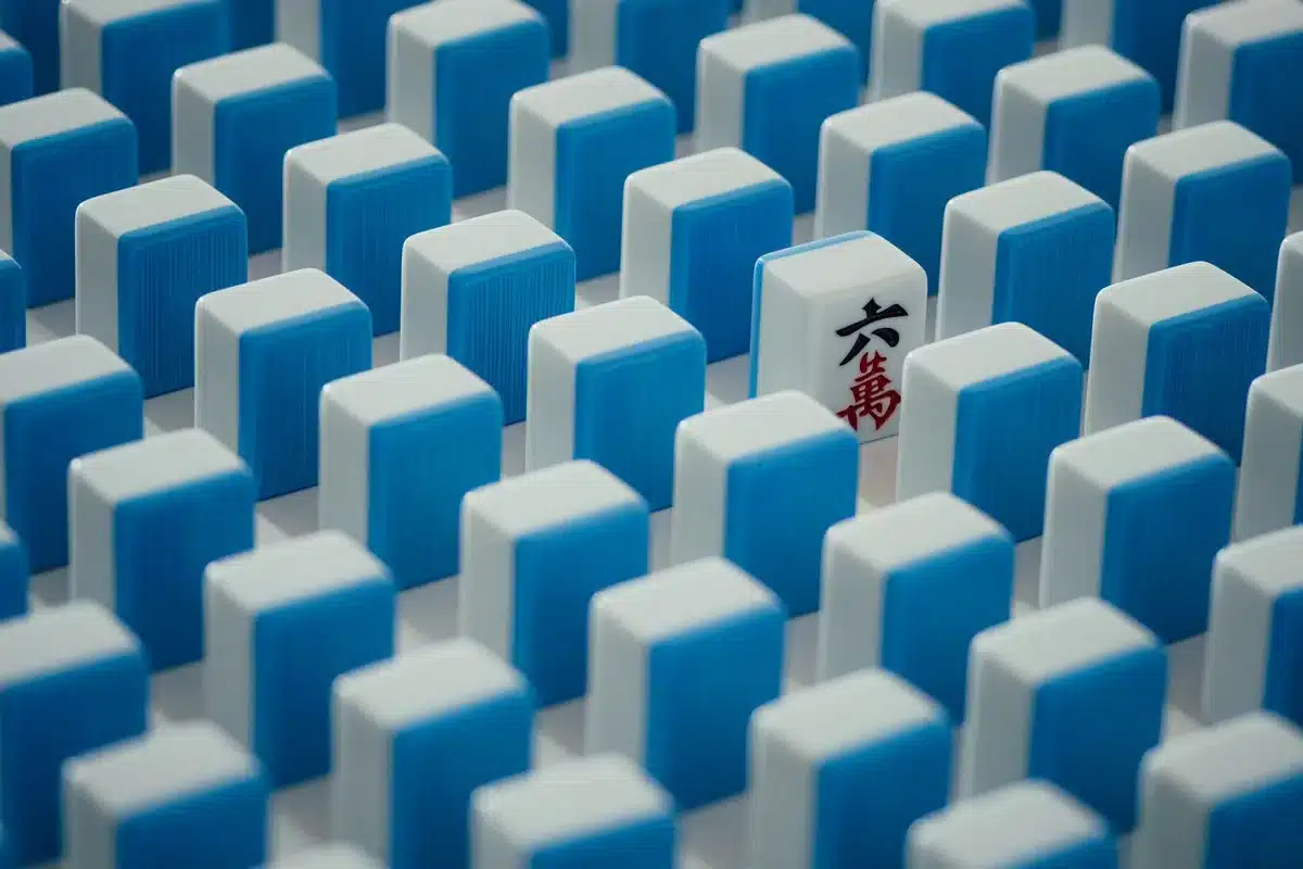 Gros plan sur des tuiles de mahjong pour identifier le Dragon blanc parmi les autres