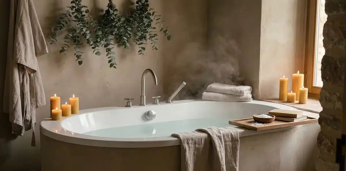 Présentoir de produits bien-être naturels avec des bougies sur une étagère