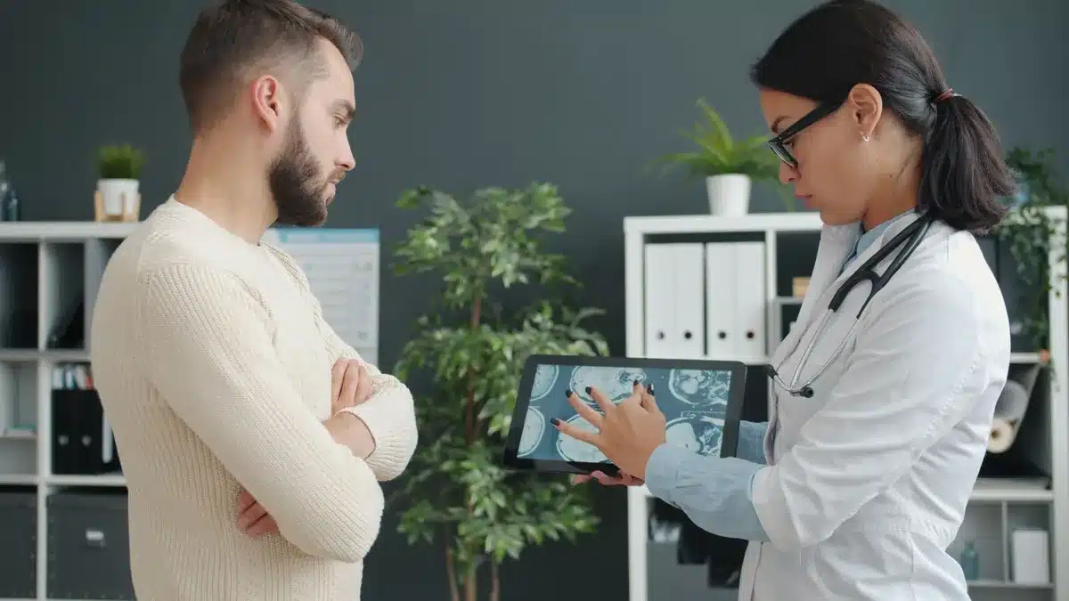 Vue rapprochée d'un médecin consultant des résultats sanguins