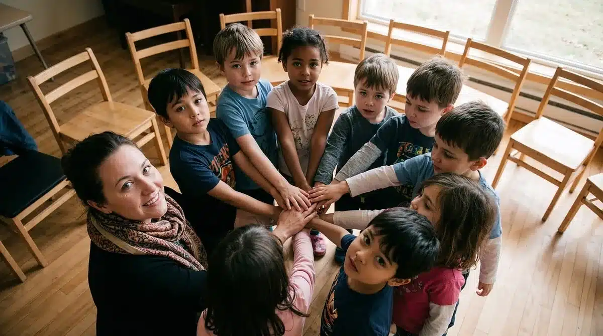 Groupe de soutien masculin en salle lumineuse discutant autour d'une table